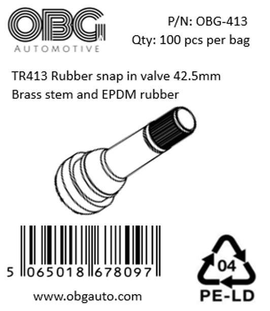 TR413 Rubber snap in valve 42.5mm